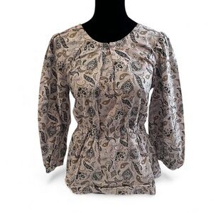 vintage 70s white and brown paisley boho 3/4 puff sleeve baby doll top